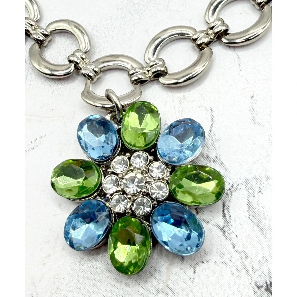 Aria Flower Charm Dog Necklace Blue Green Crystal 8–12
